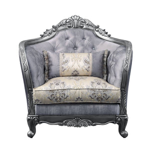 43" Light Gray and Platinum Fabric Floral Tufted Arm Chair And Toss Pillow