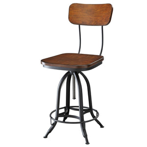 Brown And Black Solid Wood And Steel Adjustable Height Swivel Bar Chair