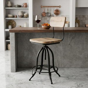 Brown and Black Solid Wood and Steel Counter Height Swivel Bar Chair