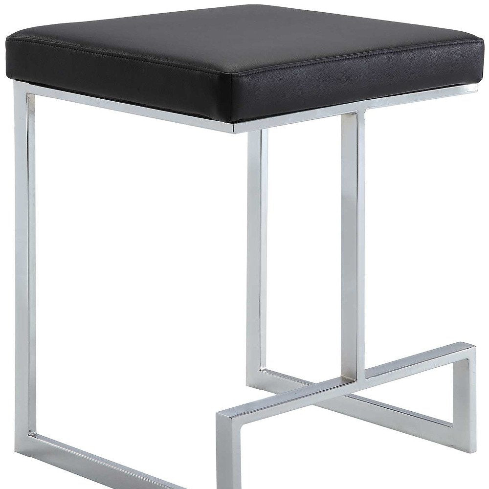 24" Black And Silver Faux Leather And Fabric And Steel Backless Counter Height Bar Chair