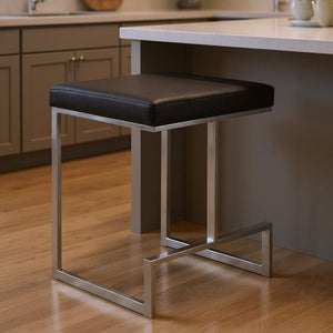 24" Black And Silver Faux Leather And Steel Backless Counter Height Bar Chair