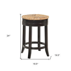 24" Natural And Espresso Rush And Solid Wood Backless Counter Height Swivel Bar Chair