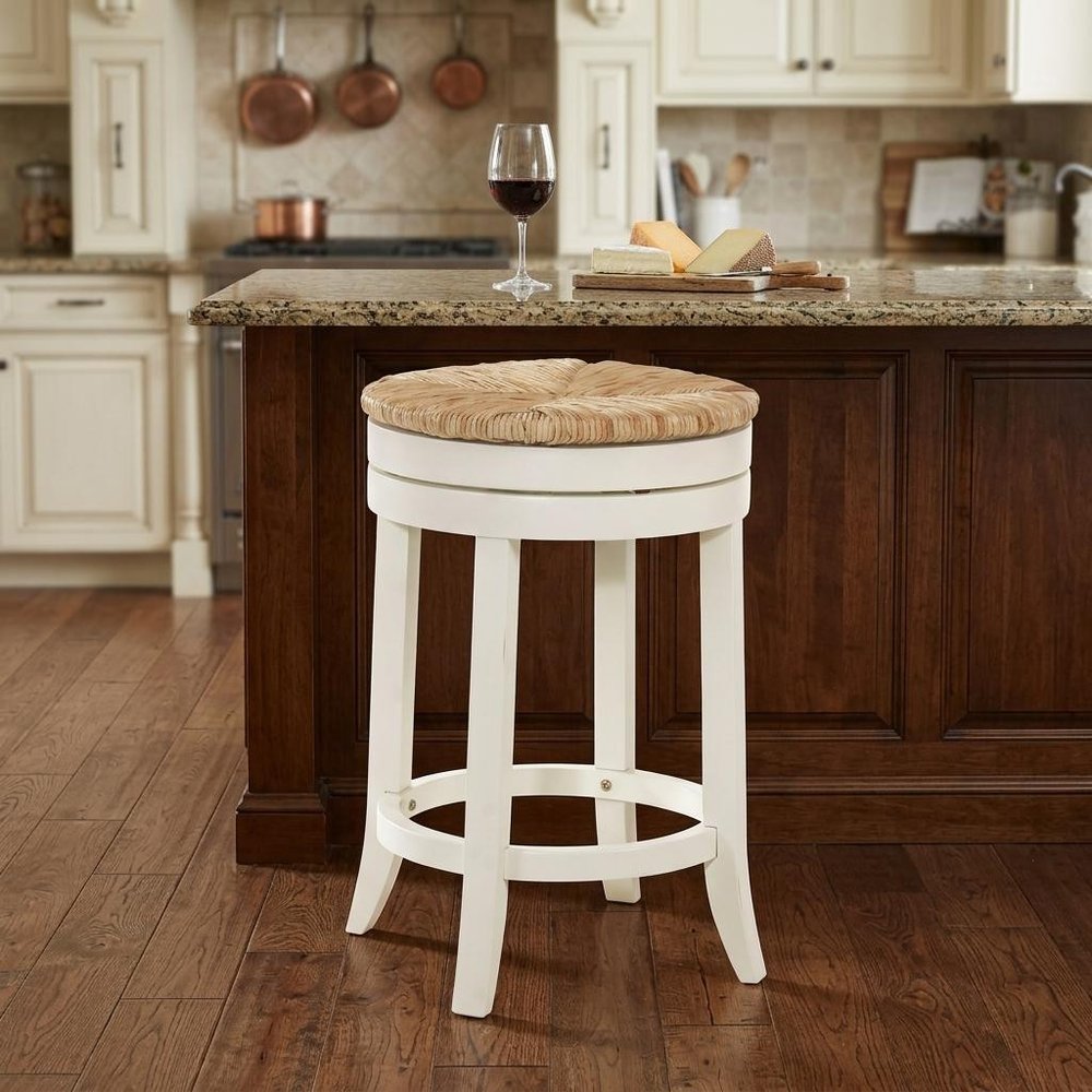 24" Natural And Antiqued White Solid Wood Swivel Backless Counter Height Bar Chair