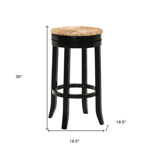 30" Natural And Black Rush And Solid Wood Backless Bar Height Swivel Bar Chair