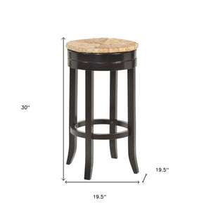 30" Natural And Espresso Rush And Solid Wood Backless Bar Height Swivel Bar Chair