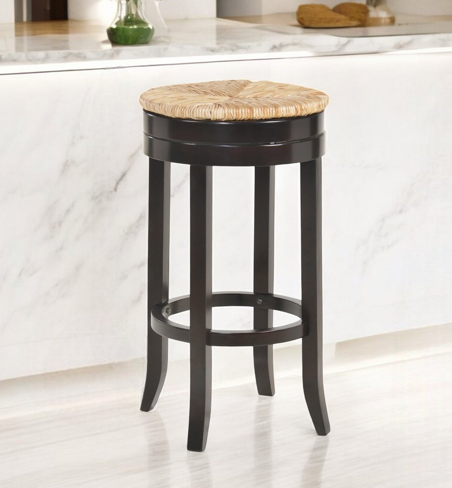 30" Natural and Espresso Rush and Solid Wood Backless Bar Height Swivel Bar Chair