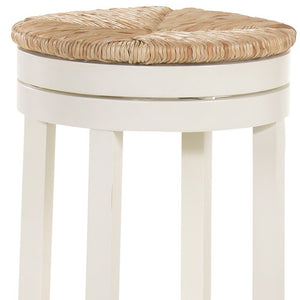 30" Natural And Antiqued White Rush And Solid Wood Backless Bar Height Swivel Bar Chair