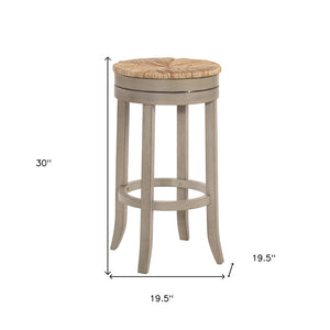 30" Natural And Gray Rush And Solid Wood Backless Bar Height Swivel Bar Chair