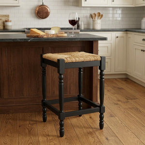 24" Natural And Black Rush And Solid Wood Backless Counter Height Bar Chair