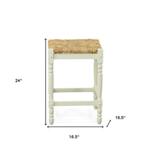 24" Natural And Antiqued White Rush And Solid Wood Backless Counter Height Bar Chair