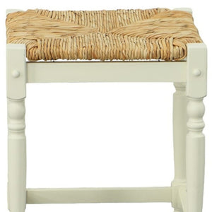 24" Natural And Antiqued White Rush And Solid Wood Backless Counter Height Bar Chair