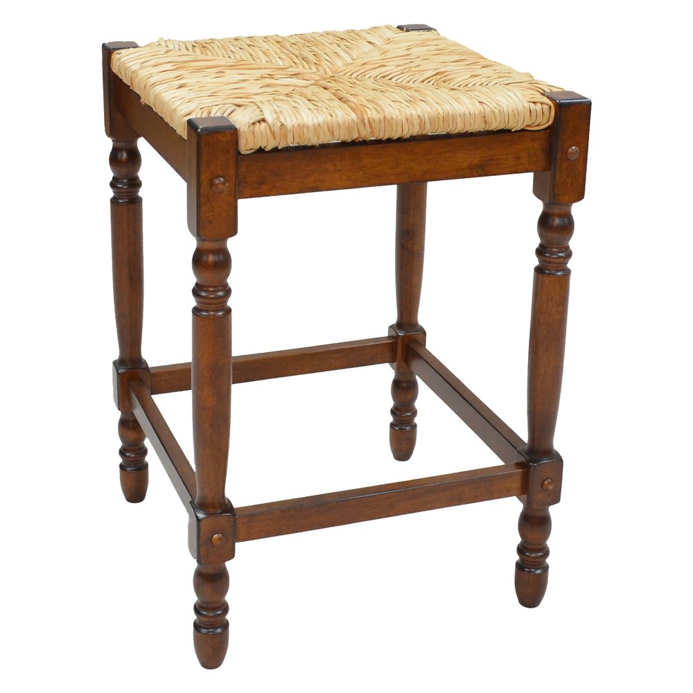 24" Natural And Chestnut Rush And Solid Wood Backless Counter Height Bar Chair