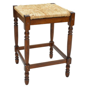 24" Natural And Chestnut Rush And Solid Wood Backless Counter Height Bar Chair