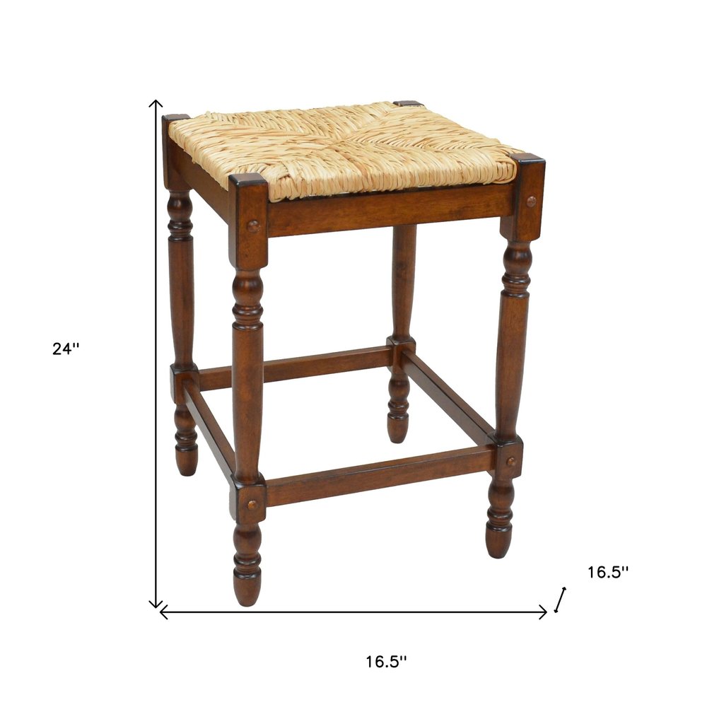 24" Natural And Chestnut Rush And Solid Wood Backless Counter Height Bar Chair