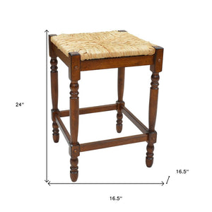 24" Natural And Chestnut Rush And Solid Wood Backless Counter Height Bar Chair