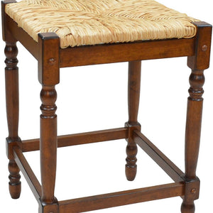 24" Natural And Chestnut Rush And Solid Wood Backless Counter Height Bar Chair