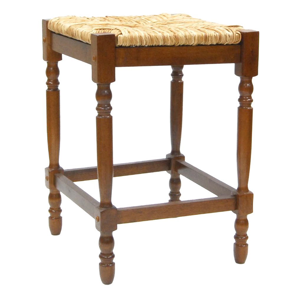 24" Natural And Brown Rush And Solid Wood Backless Counter Height Bar Chair