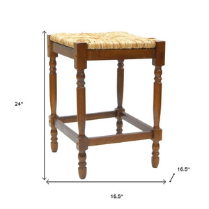 24" Natural And Brown Rush And Solid Wood Backless Counter Height Bar Chair