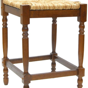 24" Natural And Brown Rush And Solid Wood Backless Counter Height Bar Chair