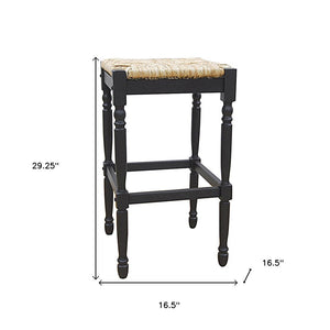 29" Natural And Black Rush And Solid Wood Backless Bar Height Bar Chair