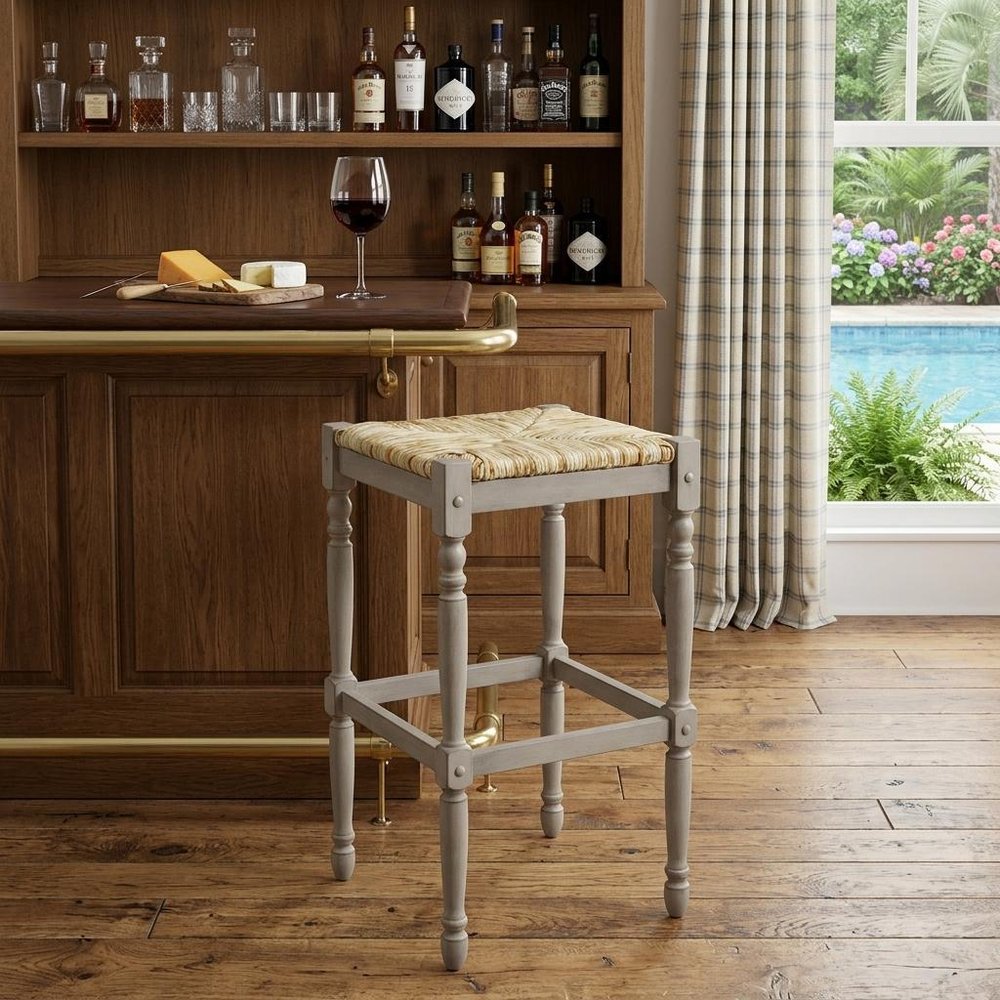 29" Natural And Gray Solid Wood Backless Bar Height Bar Chair