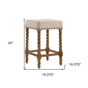 24" Cream And Natural Faux Leather And Solid Wood Backless Counter Height Bar Chair