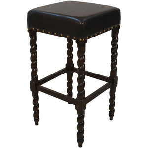 30" Black And Espresso Faux Leather And Fabric And Solid Wood Backless Bar Height Bar Chair