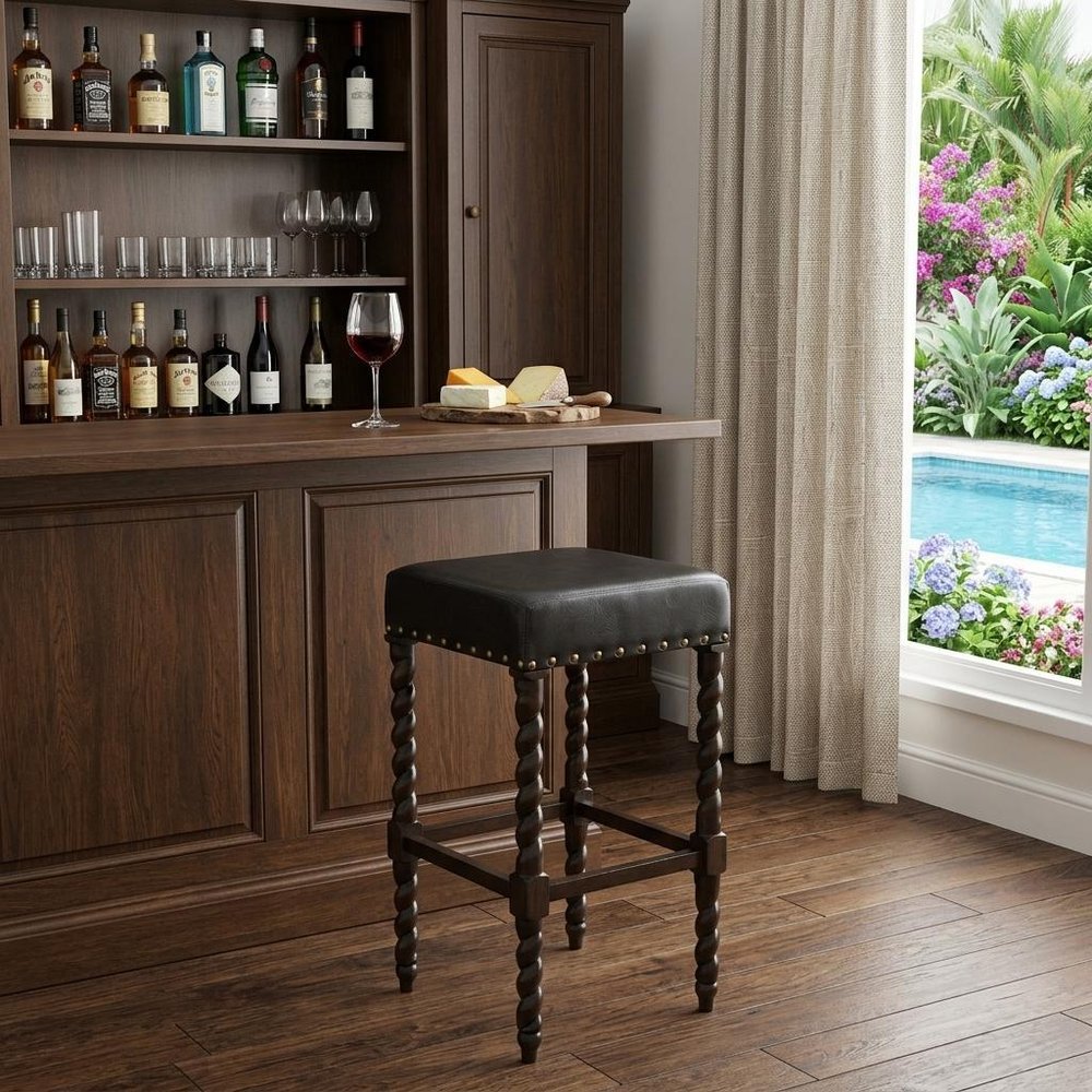 30" Black And Espresso Faux Leather And Solid Wood Backless Bar Height Bar Chair