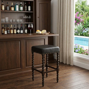 30" Black And Espresso Faux Leather And Solid Wood Backless Bar Height Bar Chair