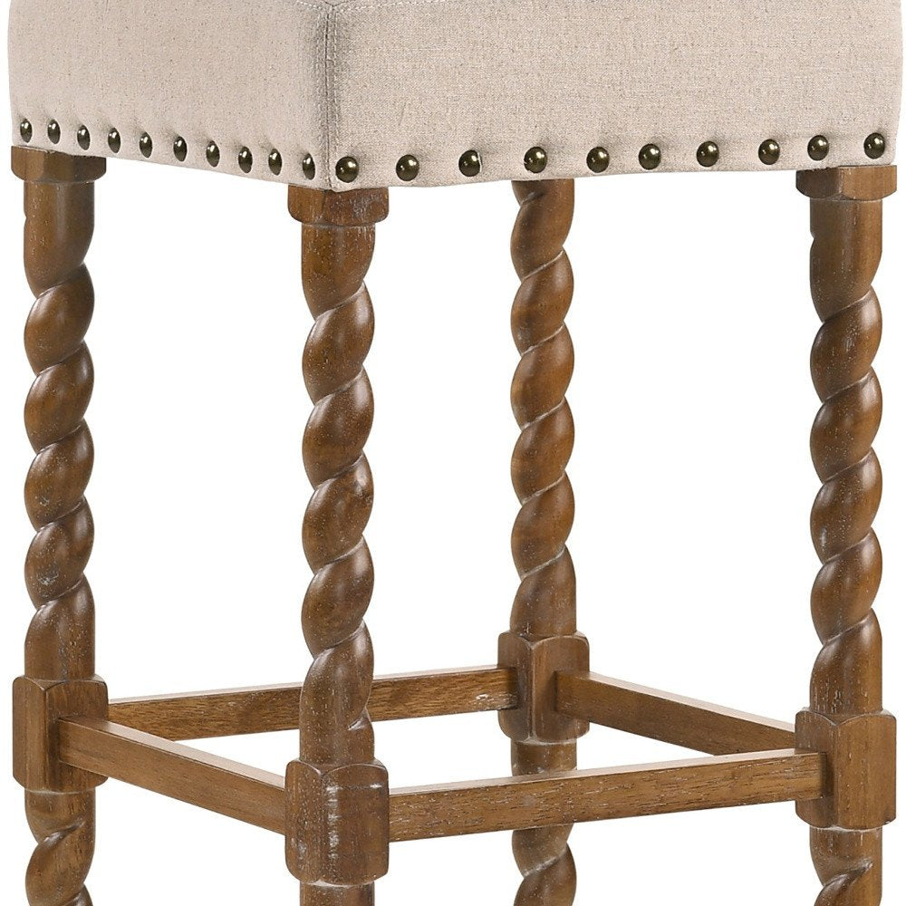 30" Cream And Natural Fabric And Solid Wood Backless Bar Height Bar Chair
