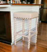30" Cream And Vanilla Linen Upholstered Solid Wood Backless Bar Chair