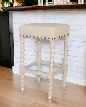 30" Cream And Vanilla Linen Upholstered Solid Wood Backless Bar Chair