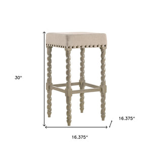 30" Cream And Gray Fabric And Solid Wood Backless Bar Height Bar Chair