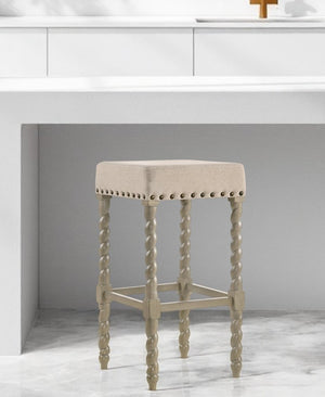 30" Cream And Gray Solid Wood Backless Bar Height Bar Chair