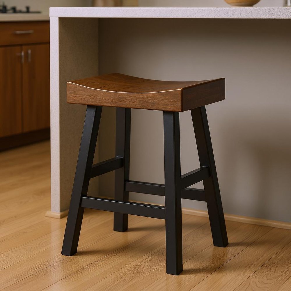 25" Brown And Black Solid Wood Backless Counter Height Bar Chair