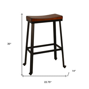 30" Chestnut And Black Solid Wood And Steel Backless Bar Height Bar Chair