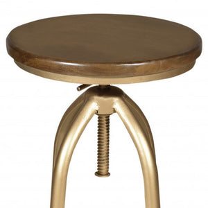 Brown And Gold Solid Wood And Steel Backless Adjustable Height Swivel Bar Chair