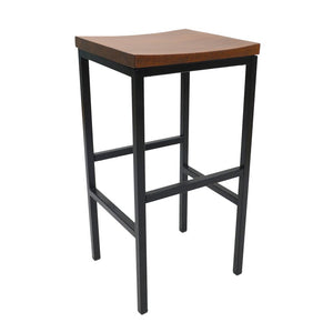 30" Chestnut And Black Solid Wood And Steel Backless Bar Height Swivel Bar Chair
