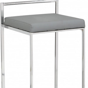 35" Gray And Silver Faux Leather And Faux Leather And Steel Low Back Bar Height Bar Chair