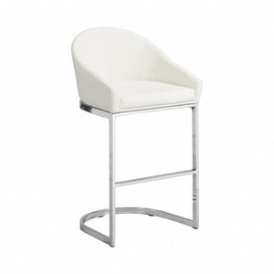 35" White And Silver Faux Leather And Faux Leather And Steel Low Back Bar Height Bar Chair