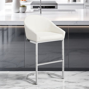 35" White And Silver Faux Leather And Faux Leather And Steel Low Back Bar Height Bar Chair