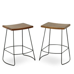 Set of Two 25" Chestnut and Black Solid Wood and Steel Backless Counter Height Bar Chairs