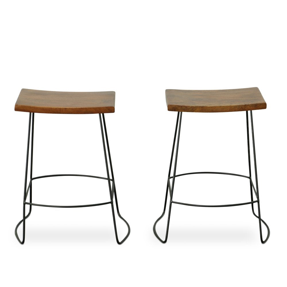 Set of Two 25" Chestnut and Black Solid Wood and Steel Backless Counter Height Bar Chairs