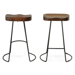 Set of Two 25" Chestnut and Black Solid Wood and Steel Backless Counter Height Bar Chairs