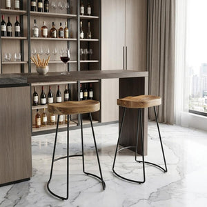 Set of Two 25" Natural And Black Solid Wood And Steel Backless Counter Height Bar Chairs