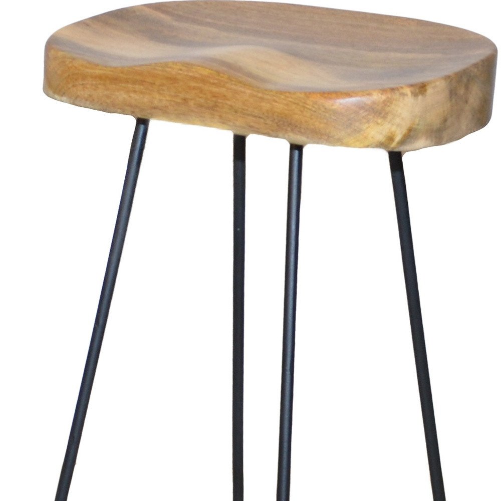 Set of Two 25" Natural And Black Solid Wood And Steel Backless Counter Height Bar Chairs