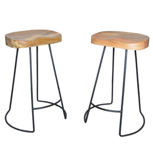 Set of Two 25" Natural And Black Solid Wood And Steel Backless Counter Height Bar Chairs