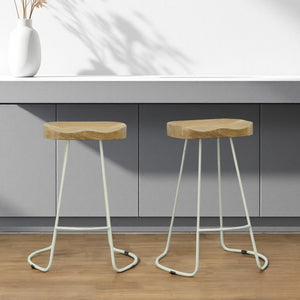 Set of Two 25" Natural and White Solid Wood and Steel Backless Counter Height Bar Chairs