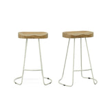 Set of Two 25" Natural and White Solid Wood and Steel Backless Counter Height Bar Chairs