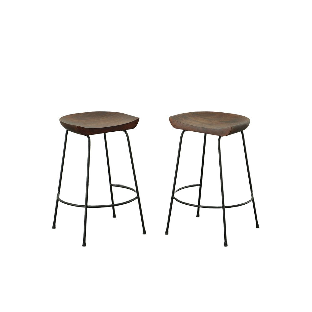 Set of Two 25" Chestnut and Black Solid Wood and Steel Backless Counter Height Bar Chairs